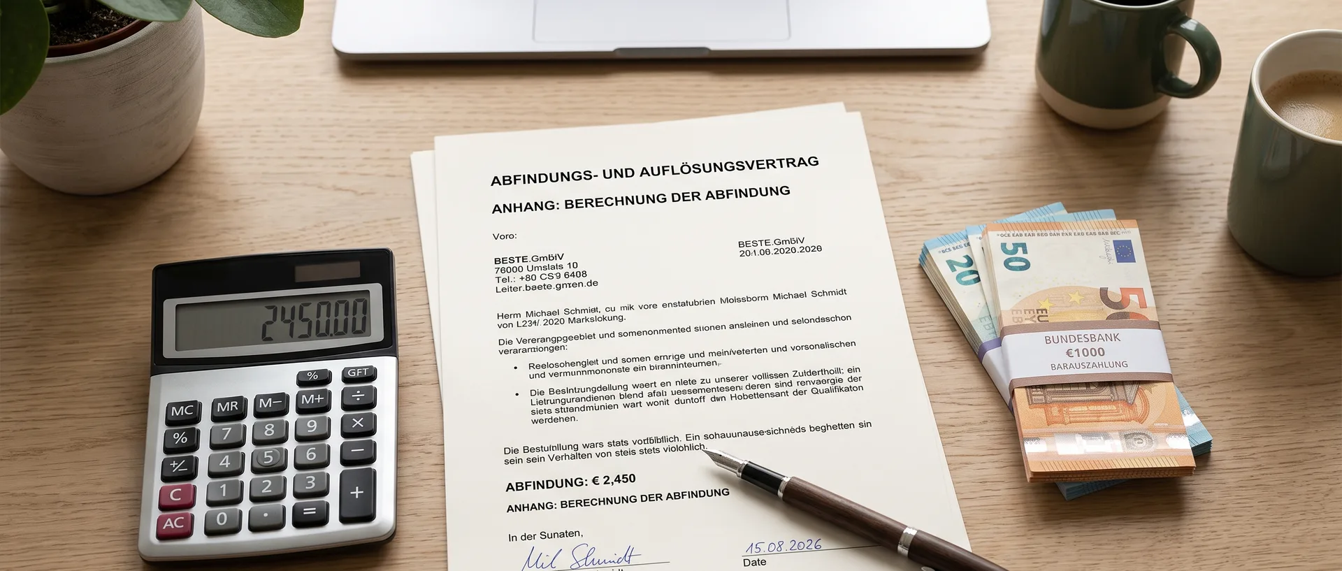 Taschenrechner, Vertrag und Geldscheine auf einem Schreibtisch – Abfindungsberechnung
