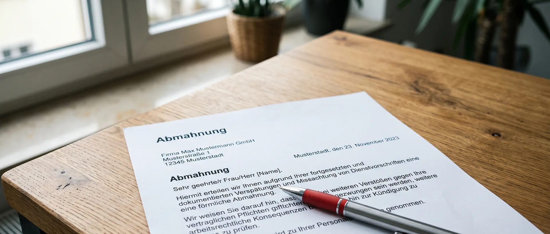 Abmahnungsschreiben mit Kugelschreiber auf einem Schreibtisch