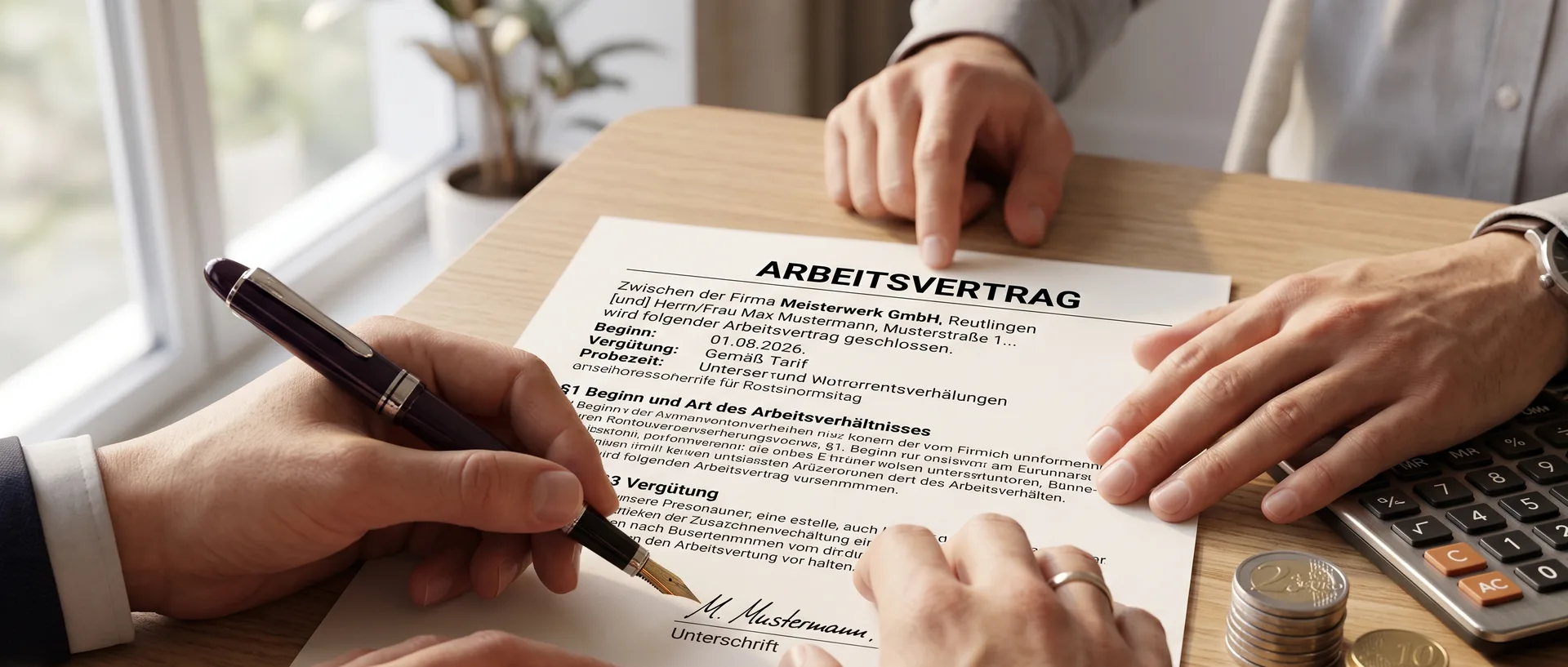 Unterschrift eines Arbeitsvertrags mit Füllfederhalter