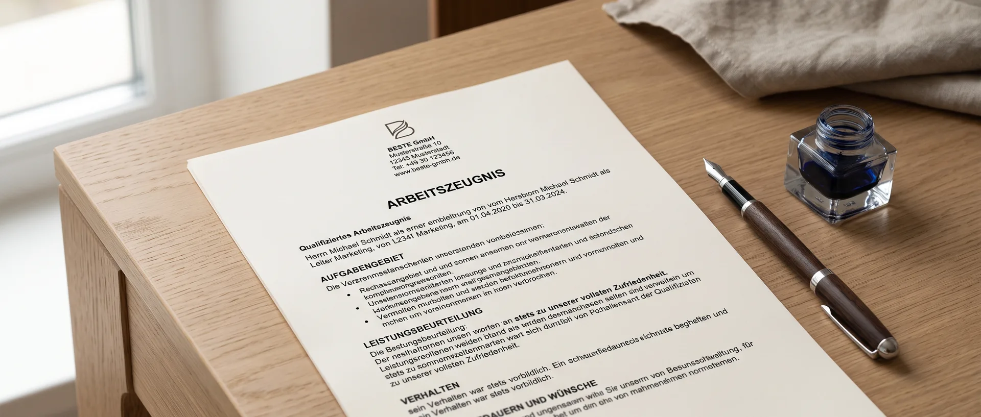Arbeitszeugnis mit Füllfederhalter auf einem Schreibtisch