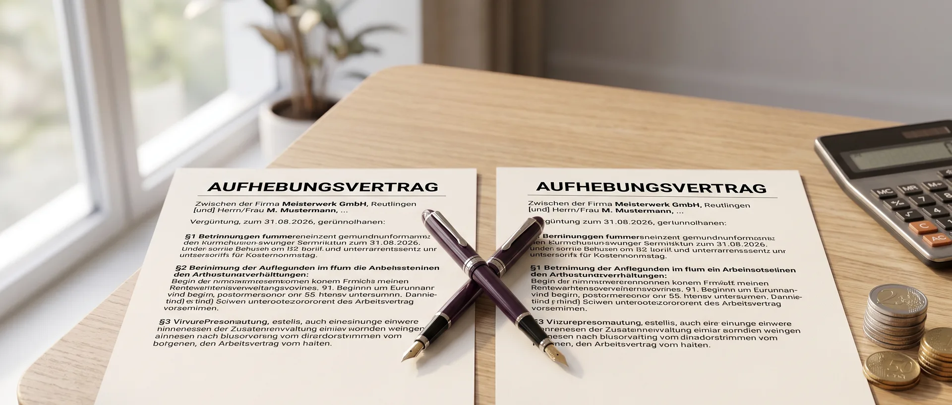 Zwei Vertragsdokumente mit gekreuzten Füllfederhaltern – Aufhebungsvertrag