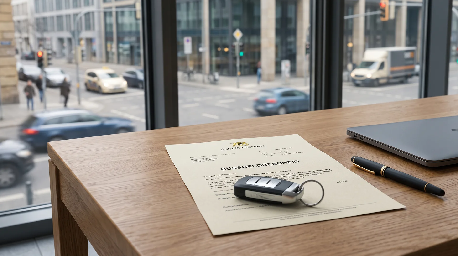 Bußgeldbescheid und Autoschlüssel auf Schreibtisch mit Blick auf den Straßenverkehr – Kanzlei Simone C. Braun