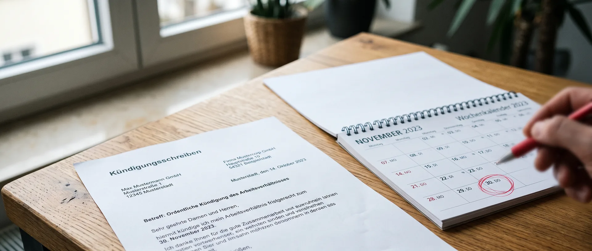 Kündigungsschreiben und Kalender mit rot markiertem Termin auf einem Schreibtisch