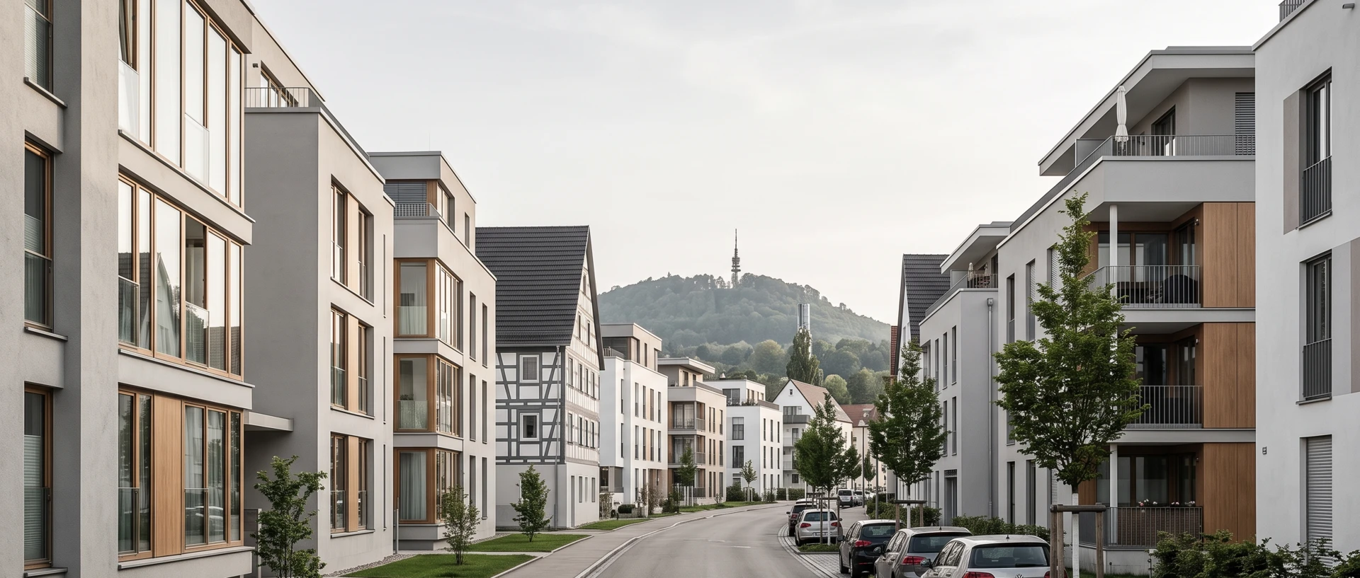 Wohnstraße mit modernen Mehrfamilienhäusern in Reutlingen