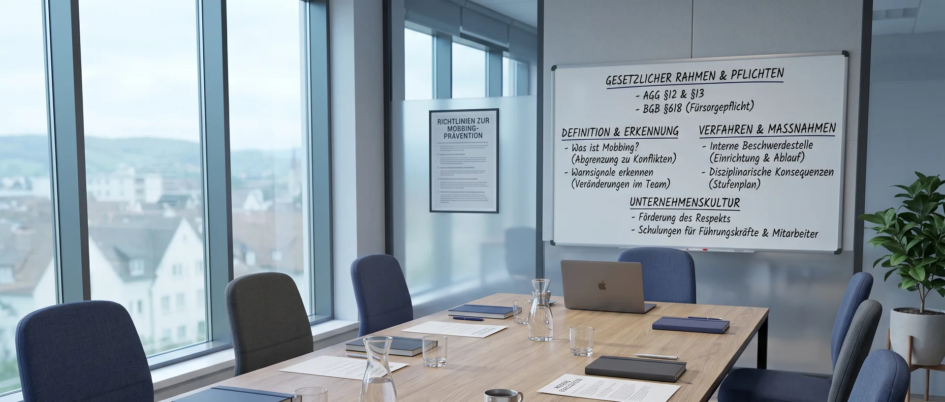 Besprechungsraum mit Whiteboard zur Mobbing-Prävention im Betrieb