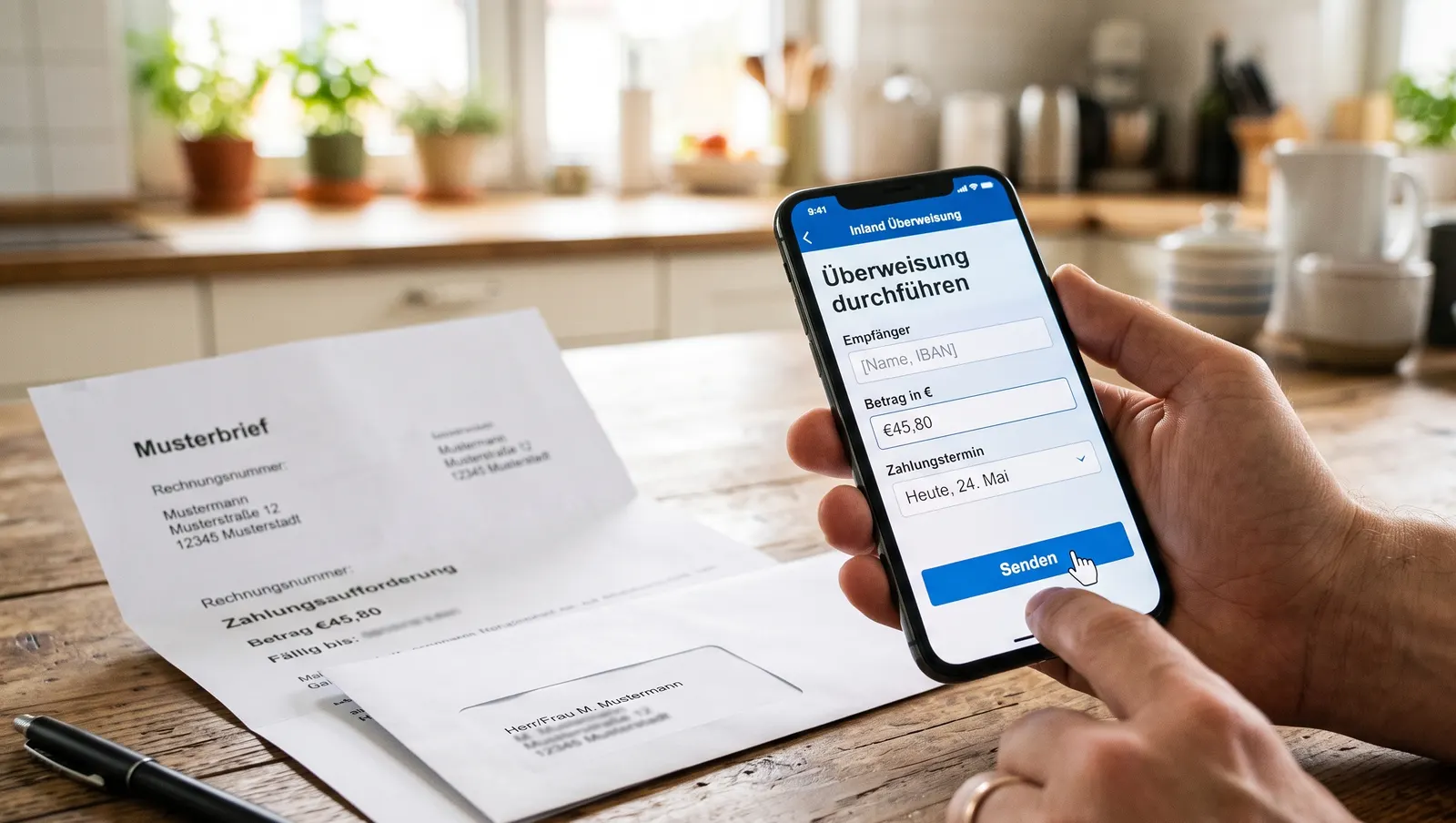 Smartphone mit Überweisungs-App neben Musterbrief
